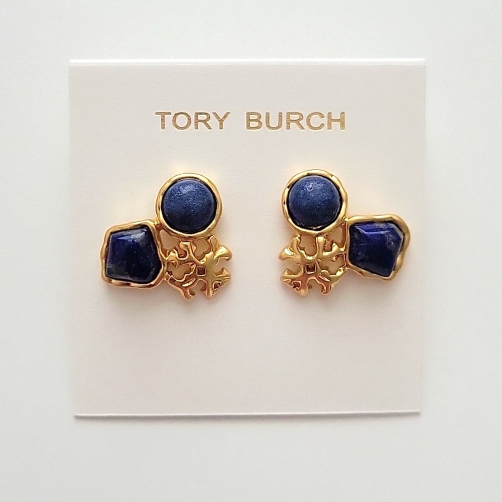 Tory Burch Gold-tone Earrings with Dark Blue Stones